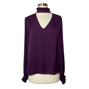 Nanette Lepore Womens Purple Mock Neck Blouse Size Medium V Neck Long Sleeve